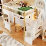 Modernluxe ? lit mezzanine 90x200 cm ? bureau int�gr� avec �clairage led ? �chelle de rangement ? blanc ...