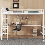 Lit mezzanine 90x200 cm, lit enfant avec 1 bureau et l et bibliothque de rangement, mtal, blanc