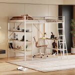 Lit mezzanine 90x200 cm, lit enfant avec 1 bureau plat et 3 tagres de rangement, mtal, lit simple ...