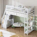 Lit mezzanine 90x200 cm, lit enfant avec armoire haute à penderie et étagères de rangement, en bois de ... Lit mezzanine 90x200 cm, lit enfant avec armoire haute à penderie et étagères de rangement, en bois de ...
