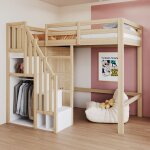 Lit mezzanine 90x200 cm, lit enfant avec armoire int�gr�e et escalier � rangements, pin, sommier � lattes, ...