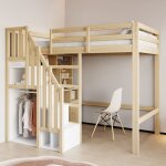 Lit mezzanine 90x200 cm, lit enfant avec bureau int�gr�, �tag�res et escalier de rangement, pin, sommier ...