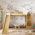 Lit mezzanine 90x200 cm, lit enfant, lit cabane, rangement sur escalier, avec toboggan, pin + mdf, blanc ...