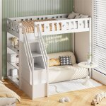 Lit mezzanine 90x200 cm, lit enfant avec avec chelle et tagres de rangement, antichute, structure ...
