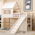 Lit mezzanine 90x200 cm pour enfants, avec �chelle s�curis�e et toboggan, multiples tiroirs de rangement, ...