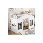 Lit mezzanine 90x200 cm, lit enfant avec escalier, garde - corps, fen�tre, sommier design, cadre en pin, ...