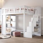 Lit mezzanine 90x200 cm, lit enfant avec escalier de rangement, barrière de sécurité antichute, design ... Lit mezzanine 90x200 cm, lit enfant avec escalier de rangement, barrière de sécurité antichute, design ...