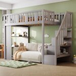 Lit mezzanine 90x200 cm, lit enfant avec escalier de rangement, barrière de sécurité antichute, design ... Lit mezzanine 90x200 cm, lit enfant avec escalier de rangement, barrière de sécurité antichute, design ...