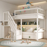 Lit mezzanine 90x200 cm, lit enfant avec escalier � rangement et cadre en bois, blanc, sans matelas