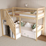 Lit mezzanine 90x200 cm, lit enfant avec escalier � rangement et cadre en bois, couleur bois, sans matelas ...