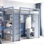 Lit mezzanine 90x200 cm, lit enfant, avec plusieurs �tag�res, cintres et rangements, 1 chariot amovible, ...