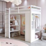 Lit mezzanine 90x200 cm, lit enfant, avec plusieurs étagères, cintres et rangements, 1 chariot amovible, ... Lit mezzanine 90x200 cm, lit enfant, avec plusieurs étagères, cintres et rangements, 1 chariot amovible, ...
