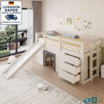 Lit mezzanine 90x200 cm - lit enfant 90x200 cm - avec glissires, trois tiroirs et deux portes - bois ...