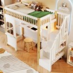 Lit mezzanine 90x200 cm, lit enfant avec led, chelle de rangement, bureau et prise lectrique, en bois, ...