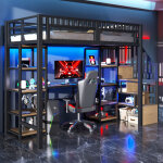 Lit mezzanine 90x200 cm, lit enfant m�tal avec bureau int�gr�, led, prises usb et rangements, sans matelas, ...