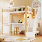 Lit mezzanine 90x200 cm, lit enfant simple, avec �clairage led, bureau, prise de courant, �chelle de ...