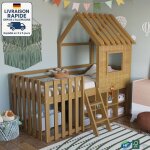 Lit mezzanine 90x200 cm - lit enfant 90x200 cm - avec toit et fenêtres, avec espace de rangement ouvert ... Lit mezzanine 90x200 cm - lit enfant 90x200 cm - avec toit et fenêtres, avec espace de rangement ouvert ...