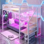 Lit mezzanine 90x200 cm, lit en fer forg, avec bande lumineuse led orientable, escalier avec rangement, ...
