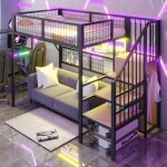 Lit mezzanine 90x200 cm, lit en fer forg�, avec bande lumineuse led orientable, escalier avec rangement, ...