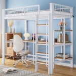 Okwish - lit mezzanine 90x200 cm lit enfant en fer avec table, �tag�res et �chelle � 4 marches, pour ...