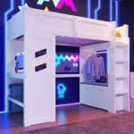 Lit mezzanine 90x200 cm, lit gaming avec bureau, �clairage led, port usb et tiroir, blanc, en bois, sans ...