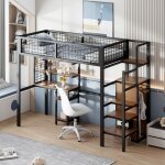 Lit mezzanine 90x200 cm en mtal, avec bureau, armoire, tagre, escalier de rangement, sommier  lattes, ...