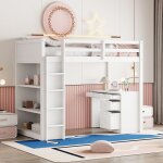 Lit mezzanine 90x200 cm avec meuble de rangement et bureau informatique, avec échelle et protection antichute, ... Lit mezzanine 90x200 cm avec meuble de rangement et bureau informatique, avec échelle et protection antichute, ...