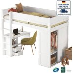 Lit mezzanine 90x200 cm avec penderie, bureau avec 2 tiroirs, lit simple pour enfant sans matelas, pin, ...