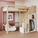 Lit mezzanine 90x200 cm avec rangement, escalier s�curis�e et armoire, lit 1 place pour enfants et adolescents ...