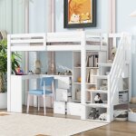 Lit mezzanine, 90x200 cm, sans matelas, balustrade, bureau, tiroirs, placard de rangement ouvert, escabeau ... Lit mezzanine, 90x200 cm, sans matelas, balustrade, bureau, tiroirs, placard de rangement ouvert, escabeau ...