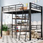 Lit en mezzanine 90x200 cm, sans matelas, lit avec bureau, plusieurs tagres, rails, chelle - noir