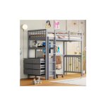 Lit mezzanine 90x200 cm, lit simple avec échelle verticale, tiroirs et étagères, design à rail haut, ... Lit mezzanine 90x200 cm, lit simple avec échelle verticale, tiroirs et étagères, design à rail haut, ...