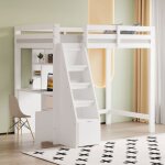 Lit mezzanine 90x200 cm, lit simple d'enfant avec bibliothque, table de travail et chelle de rangement, ...