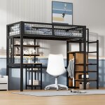 Redom - lit mezzanine 90x200 avec chelle de scurit, lit enfant avec armoire  structure en fer et ...