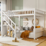 Lit mezzanine 90x200, lit mezzanine enfant avec escalier de rangement, penderie int�gr�e, �tag�re de ...