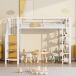Lit mezzanine 90x200, lit pour enfants avec escalier de scurit, rangements et petite penderie, tagres, ...