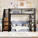 Lit mezzanine 90x200, lit pour enfants avec escalier de scurit, rangements et petite penderie, tagres, ...