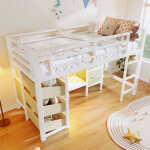 Lit mezzanine 90x200 - lit mi - haut 90x200 avec rangement, coussin d?assise, led multicolore et crochets, ...