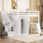 Lit mezzanine 90x200cm en bois - avec armoire?bureau et escalier de rangement - blanc