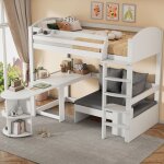 Lit mezzanine 90x200cm en bois - avec bureau et canap� de rangement - blanc
