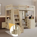 Modernluxe - lit mezzanine 90x200cm en bois - avec tagres et tiroirs - naturel (matelas non inclus) ...