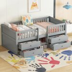 Lit mezzanine 90x200cm, cadre de lit 4 tiroirs, lit enfant en pin avec barrire de scurit, sommier ...