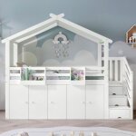 Lit mezzanine 90x200cm, lit enfant, 1 armoire et 2 casiers, escalier de rangement, pin + mdf, sans matelas, ... Lit mezzanine 90x200cm, lit enfant, 1 armoire et 2 casiers, escalier de rangement, pin + mdf, sans matelas, ...