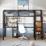 Lit mezzanine 90x200cm, lit enfant en fer, avec chelle de scurit, table d'ordinateur, tagre de rangement, ...