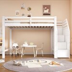 Lit mezzanine 90x200cm, lit enfant avec sommier � lattes, escalier de rangement, barri�re de s�curit�, ...