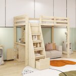 Lit mezzanine 90x200cm, lit enfant avec table sous lit, meuble de rangement, lit simple escalier ouvert ...
