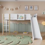 Lit mezzanine 90x200cm, lit enfant avec toboggan, lit simple, tagre amovible, pin + mdf, sans matelas, ...