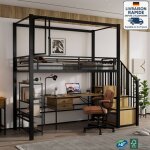 Lit mezzanine 90x200cm - lit en fer - industriel - escalier avec penderie et meubles de rangement - fentres ...