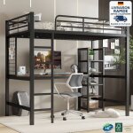 Lit mezzanine 90x200cm - lit en fer - industriel - avec table et étagère de rangement multicouche - Équipé ... Lit mezzanine 90x200cm - lit en fer - industriel - avec table et étagère de rangement multicouche - Équipé ...