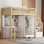 Lit mezzanine 90x200cm gain de place avec armoire bureau et rangement bois couleur naturelle et blanc ...